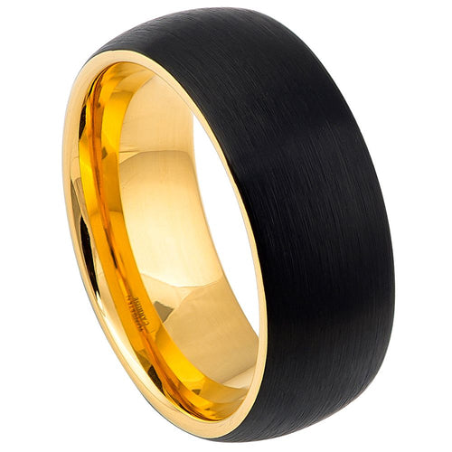 8mm Tungsten Carbide Two-tone Yellow IP & Brushed Black IP Plated Dome Wedding Band Ring