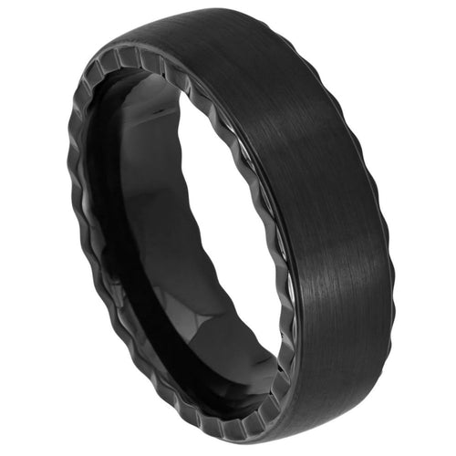 8mm Tungsten Carbide Black IP Plated Pipe Cut Brushed Center with Grooved Sides Wedding Band Ring