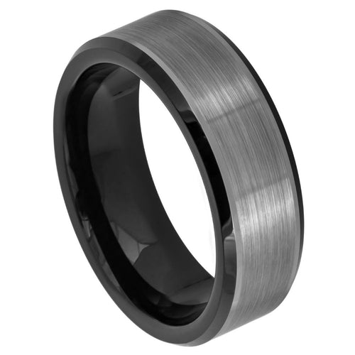 8mm Tungsten Carbide Two-tone Black IP Plated  Brushed Center Beveled Edge Wedding Band Ring