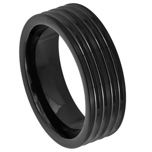 8mm Tungsten Carbide Black IP Plated with Grooved Lines Wedding Band Ring