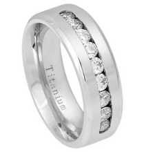 Load image into Gallery viewer, 7mm White IP Plated Titanium Brushed with 7 CZs on Grooved Center Wedding Band Ring