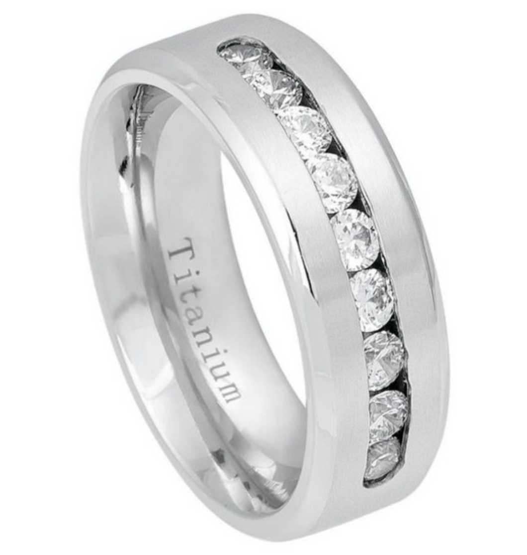 7mm White IP Plated Titanium Brushed with 7 CZs on Grooved Center Wedding Band Ring